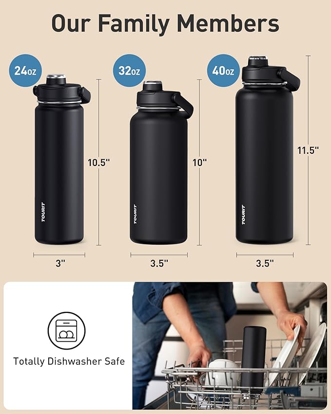 TOURIT 32 oz Insulated Water Bottle, Stainless Steel Sports Water Bottles With Top Handle, Double-Wall Travel Thermal Water Flask, BPA Free Leakproof Water Bottle,Light brown checkered