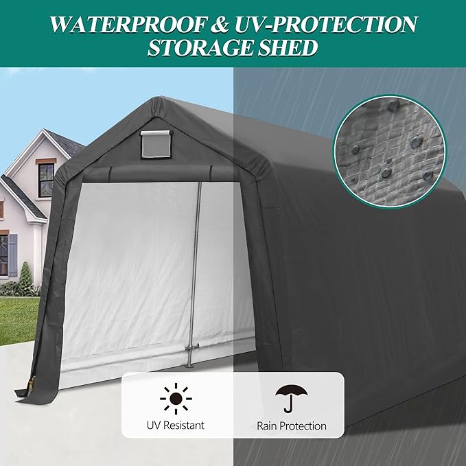 GARTOO 7' x 12' Outdoor Storage Shed- Heavy Duty Storage Shelter Tent with Roll-up Ventilated Door, Portable Garage Zipper Storage shed for Bike, ATV, Motorcycle Shelter, Gray