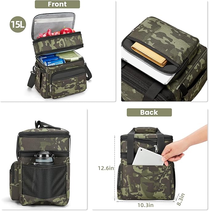Insulated Lunch Bag & Lunch Box for Men - Double Deck Reusable Lunch Bag for Women Tote Cooler Bag Leakproof Soft Expandable - Large Lunchbox for Work/Adult/Picnic/Outdoor (Camo，15L)