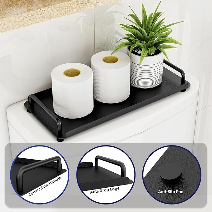Toilet Paper Basket, Tank Tray with Handle, Bathroom Counter Storage Tray for Kitchen (Black)