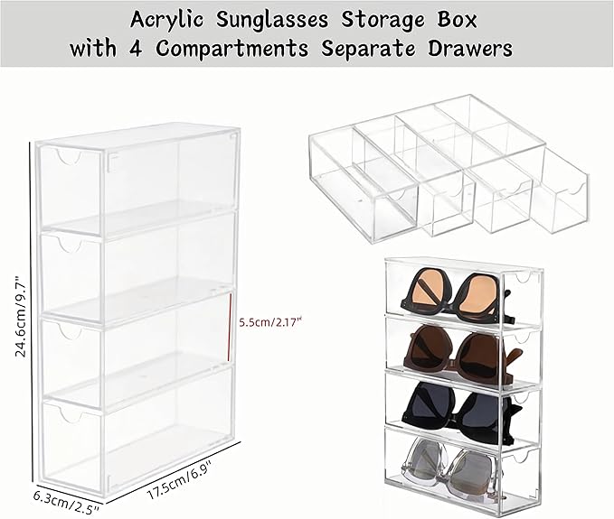 KNC Acrylic Eye Glass Storage Organizer Box with 4 Clear Divided Drawers for Sunglasses Stackable Cosmetic Jewelry Makeup Tabletop Coffee Pod Display Organizer Holder（Clear