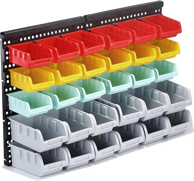 Wall Mounted Storage Bins Parts Rack 4 Colors Bin Organizer Garage Plastic Shop Tool, Garage Organizers and Storage (Style-Serene) 25.2"*16.2"