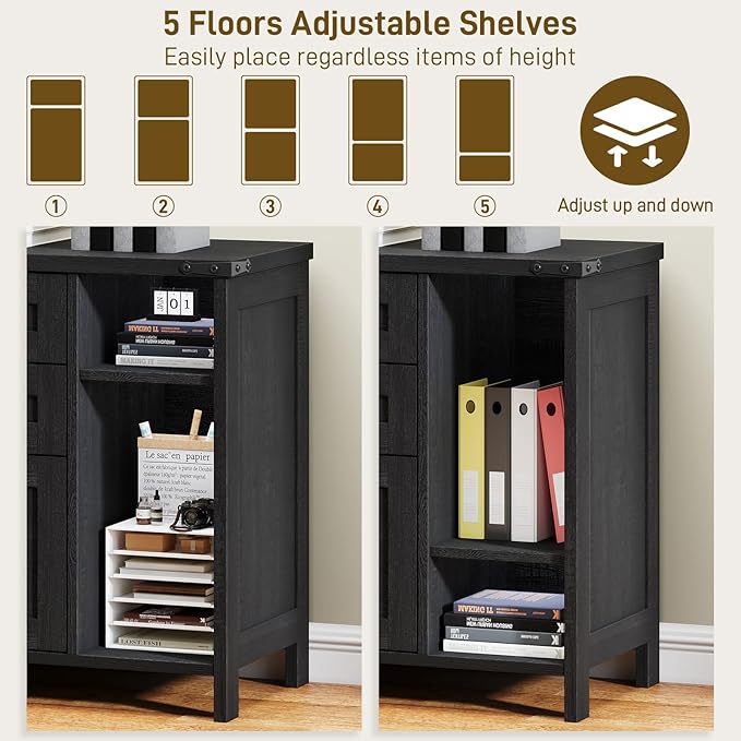 3 Drawer File Cabinet, Farmhouse Lateral Filing Cabinet Fits Files Letter or A4 Size, Wooden Printer Stand with Open Storage Adjustable Shelf for Home Office, Black