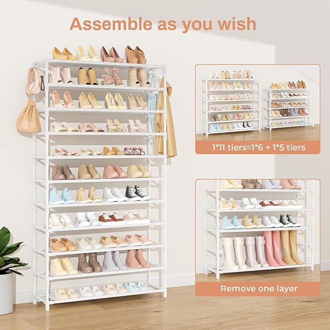 11 Tiers Tall Wide Shoe Rack 55 Pairs Large Capacity Sturdy Durable Shoe Rack for Closet Metal Shoe Organizer Shelf with Two Hooks Space Saving for Entryway White
