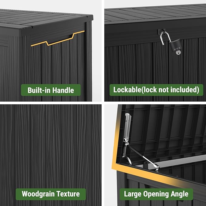 Mars Villa 150 Gallon Outdoor Storage Box, Large Resin Deck Box, Waterproof Storage Bin with Lockable Lid, Ideal for, Outdoor, Patio Furniture Cushions, Pool Supplies, Garden Tools, Black