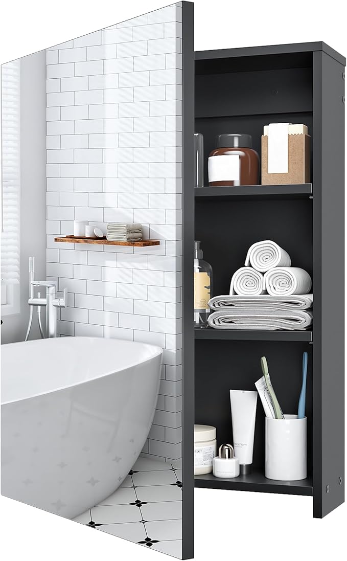 Bathroom Medicine Cabinet, Wall-Mounted Bathroom Vanity with Mirror, Bathroom Medicine Cabinet with Storage Function, Hanging Storage Cabinet, Adjustable Shelves, Black