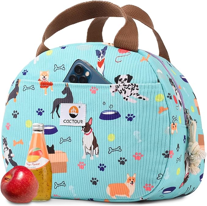 CaCTPUR Lunch Box for Women Girls Teens,Cute Lunch Box Cooler Bag, Portable Insulated Small Lunch Bag Women Reusable Corduroy Lunch Tote for Work/Travel/Picnic/School (Dog Green,Small)