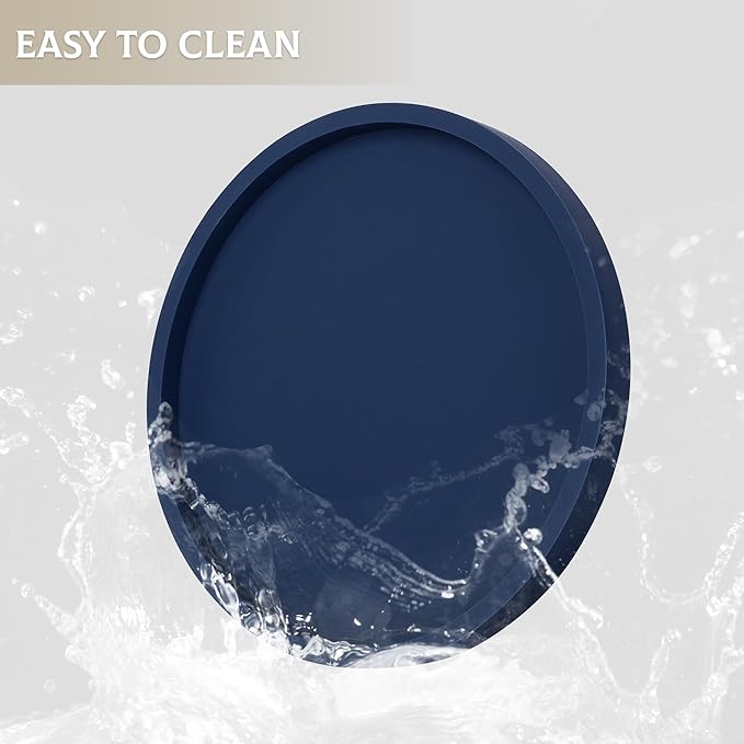 Silicone Bathroom Tray Round Vanity Tray Decorative Soap Holder Kitchen Countertop Organizer Coffee Table Decor for Candle, Perfume, Plant, 11 Inch, Dark Blue