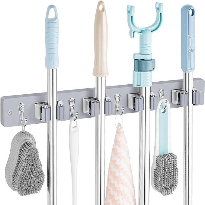 Gray Mop Broom Holder Wall Mount with 4 Slots & 4 Hooks - Wood Broom Mop Hanger for Pantry Closet Laundry Room Organization - Heavy Duty Garden Tool Organizer