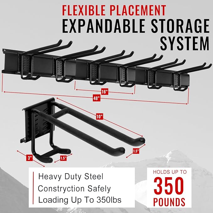 Garage Tool Organizer Wall Mount - Heavy Duty 48" Storage Rack with 6 Adjustable Hooks, Holds 350lbs, Garden Tool Hanger for Shed Organization