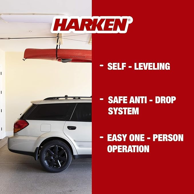 HARKEN Hoister - Overhead Garage Storage 2 Point Hoist System for Bikes, Kayaks, Surf & Paddle Boards (60lb Capacity, 10ft Ceiling) Safe Anti-Drop System, One-Person Operation - 7807