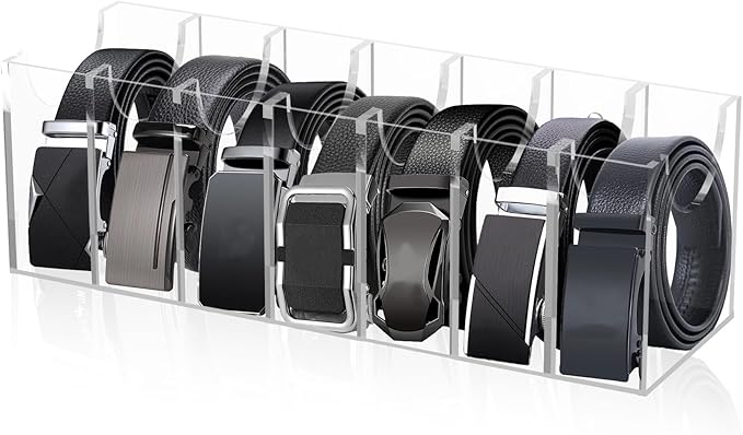 Acrylic Belt Organizer for Closet, 7-Compartment Belt Storage Holder Rack, Clear Belt Box for Men’s & Women’s Belts, Tie & Scarf Organizer, Stackable or Wall-Mount Accessory Storage