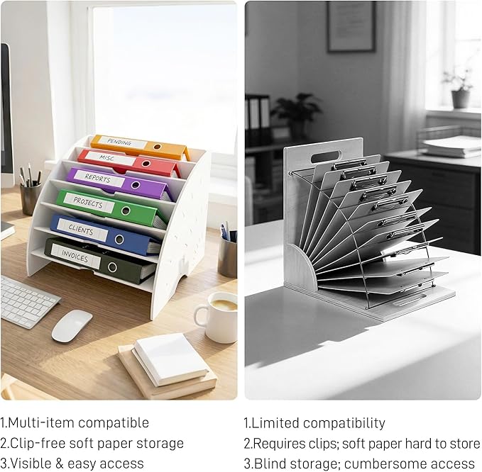 6-Tier File Holder Organizer, Document Clipboard Holder (13.2x11.4x11.0 Inches), Sturdy File Storage Rack for Office, Home & School Binders, Paperwork & Supplies, White
