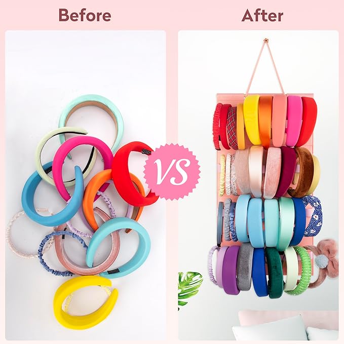 Hanging Headband Holder for Girls, Felt Headband Organizer with 40 Slots (Pink)