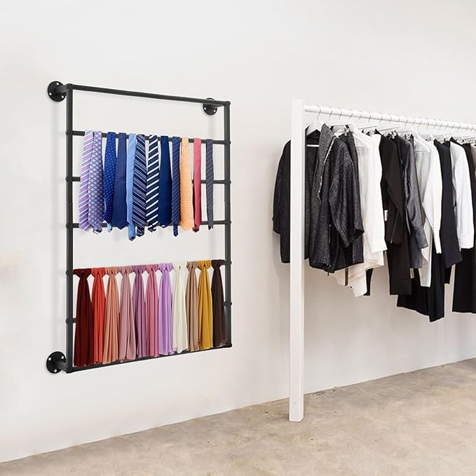 Wall Mounted Scarf Rack, 7-Tier Scarf and Tie Display Rack, Black Hijab Hanger, Metal Wrapping Paper Storage Organizer for Accessory Stores, Bedrooms, Bathrooms