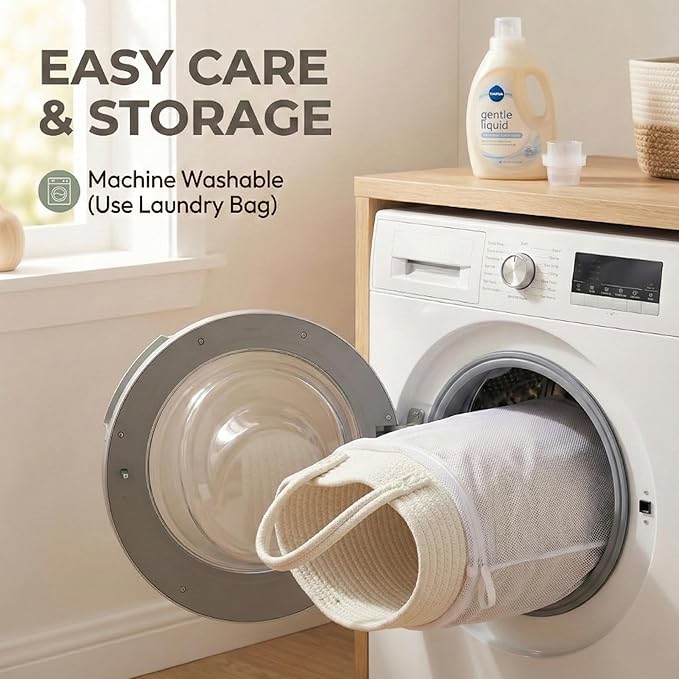 65L Extra Large Blanket Basket for Living Room - Woven Cotton Rope Laundry Hamper with Reinforced Handles - Storage Bin for Pillows, Comforters & Toys - Machine Washable,White