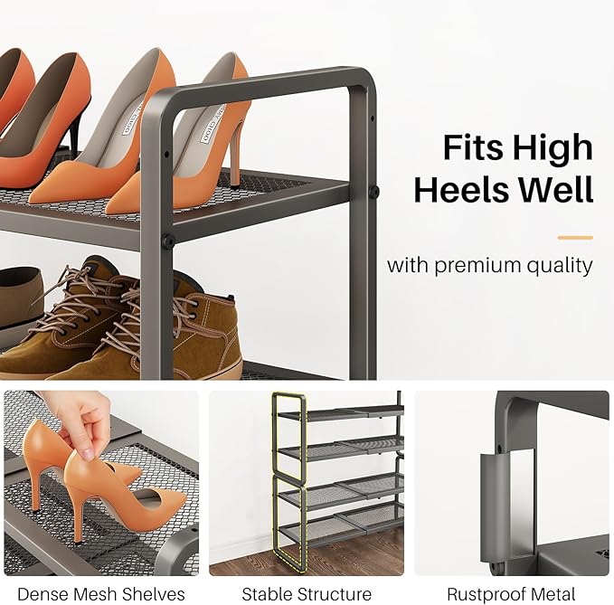 Shoe Rack - Expandable Shoe Organizer for Closet, Adjustable Metal Shoe Shelf Storage, Stackable Long Shoe Stand Holder for Garage, Entryway, Door Entrance (Grey, 4-Tier)