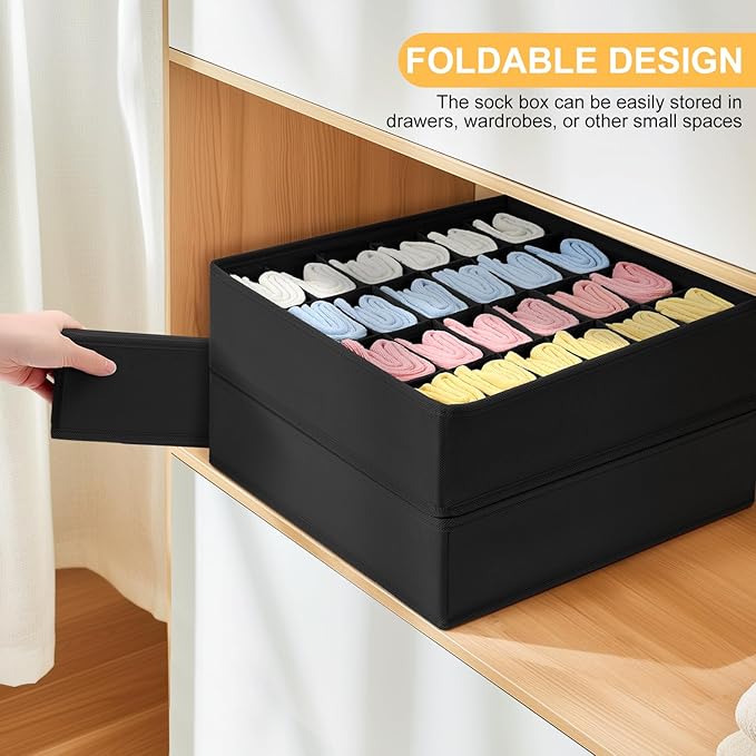 Joyoldelf Sock Organizer Drawer Organizer - Underwear Organizer, 24 Cell Collapsible Closet Organizers and Storage Sock Holders Organizers for Storing Socks, Ties, Belts 6 Pack Black