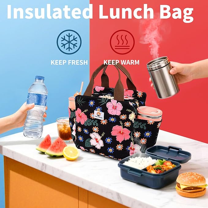 Lunch Box for Women, Large Capacity Lunch Bag Women with Bottle Holder & Side Pockets,Cute lunch box Insulated Lunch tote bag for Work Office Travel Picnic (Flower)