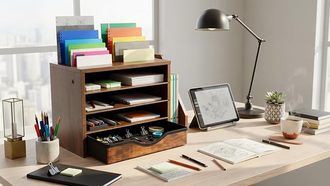 Wooden file Organizer with Drawer, Office Wood Desk Organizer with drawers, with 4 Adjustable Shelves, Mail Sorter with Drawer, Office Desk Paper Holder, Brown