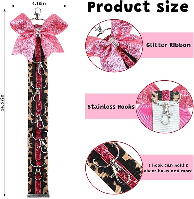Pink Cheer Bow Keychain Holder for Backpack – Leopard Print Glitter Bow Hanging Chain with Hooks – Cheer Bow Organizer Strap Cheer Gifts Bow Holder Teen s Cheerleading Team Sports Gift