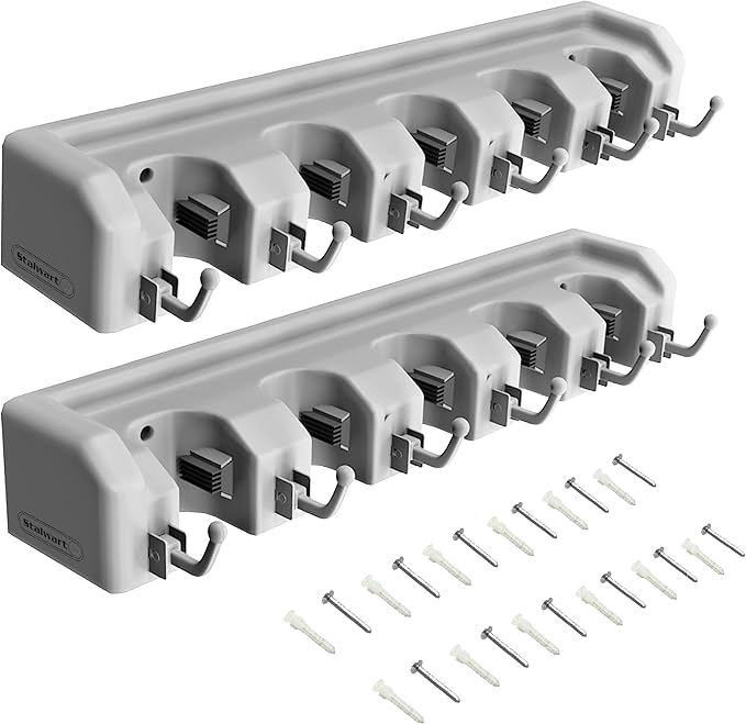 Garden Tool Organizer Wall Mount Broom and Mop Holder, 5 Adjustable Slots and 6 Hooks Utility Rack for Garage or Home Organization, 2-Pack by Stalwart