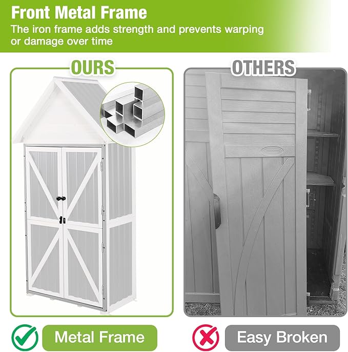 GUTINNEEN Outdoor Storage Cabinet, Wood & Metal Frame Garden Storage Shed with Waterproof Plastic Roof, Adjustable Shelves, Raised Base, Weather-Resistant Tool Shed for Backyard, Patio & Lawn, 67.5"H