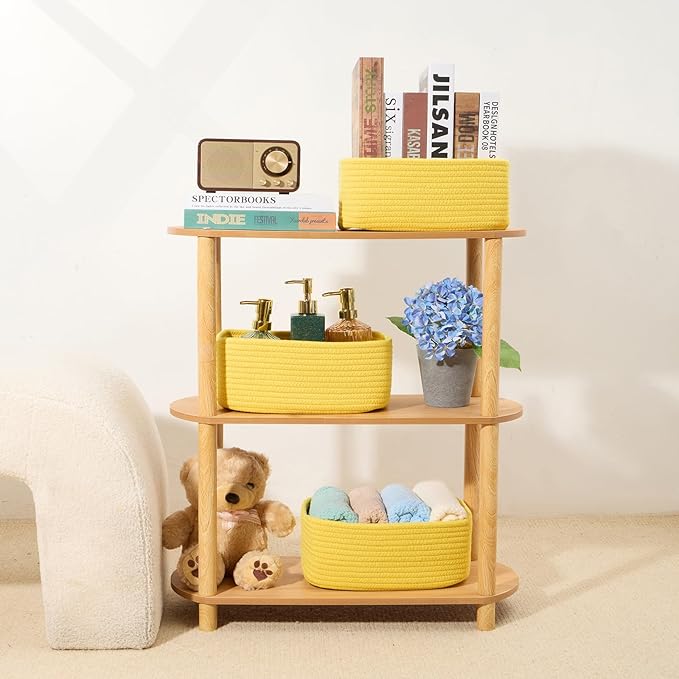 Small Storage Baskets for Organizing | Closet Organizer Bins | Shelf Toy Basket | Woven Rope Baskets | Cube Decorative Box | Shallow Basket | 11.5x7.5x4.7” | 3 Packs Yellow