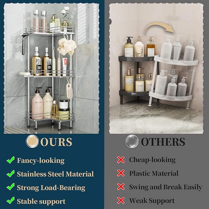 Consumest Corner Shower Caddy Standing - 3-Tier Stainless Steel Shower Organizer with Soap Holder and 4 Hooks, Large Capacity Corner Shelf Stand for Bathroom, Rest Room, Silver