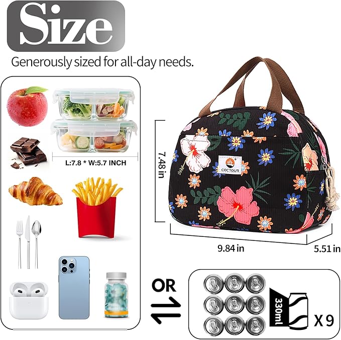 Lunch Box for Women Girls Teens,Cute Lunch Box Cooler Bag, Portable Insulated Small Lunch Bag Women Reusable Corduroy Lunch Tote for Work/Travel/Picnic/School (Flower)