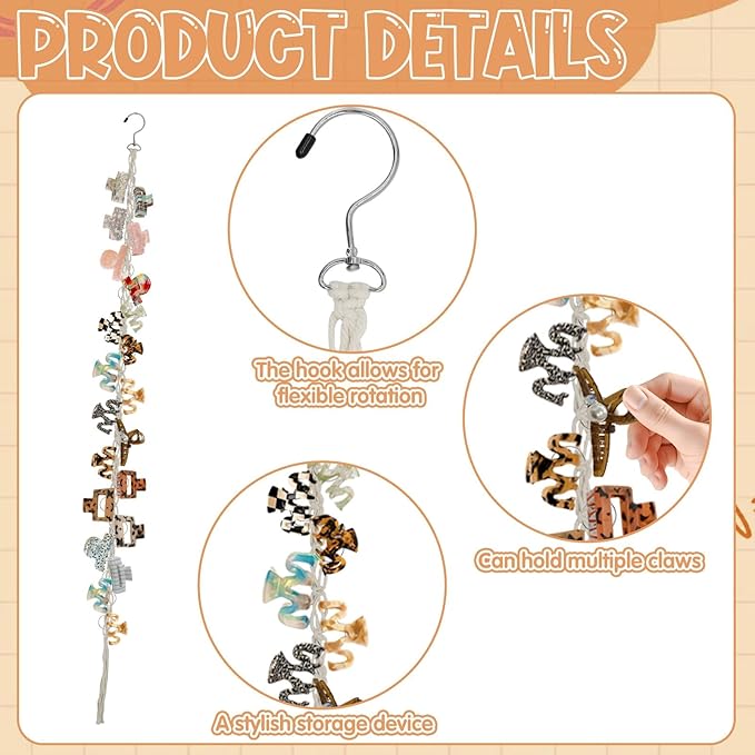 Hanging Braided Hair Clip Organizer with Swivel Hook and 20 Metal Rings, Claw Clip Organizer Daily Necessities for Women, Flexible Hanging Storage Decor for Wall