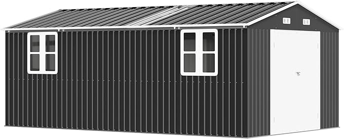 AMERLIFE 10x16x7 FT Outdoor Storage Shed with 2 Transparent Panels, Metal Garden Shed with Hinged Double Doors, 4 Windows & 4 Vents, Reinforced Steel Frame for Backyard, Garden, Dark Gray