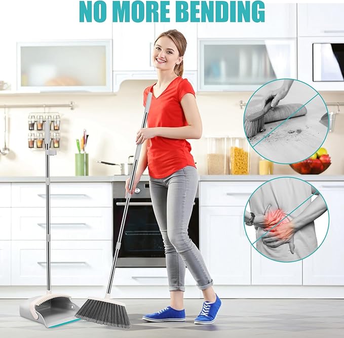 Upgrade Broom and Dustpan Set, Silicone Broom,Long Handle Broom with Upright Standing Dustpan, Squeegee - Broom for Indoor Cleaning 2+1,for Indoor Outdoor,Smooth Floors, Rugs (Grey-White)