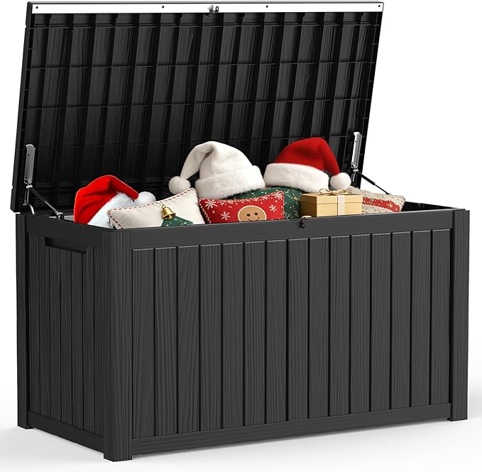 200 Gallon Outdoor Storage Box, Waterproof Deck Box with Handles and Lockable Lid, Resin Patio Storage Box with Hydraulic Rods for Garden Tools, Cushions, Black