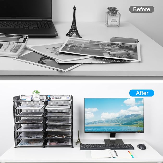 TQVAI 7-Tier Desk Paper Organizer, 12 Slots Mesh Countertop File Mail Organizer, Adjustable Sliding Shelves, Desktop Mailbox Cubbies for Office, Classroom, Black