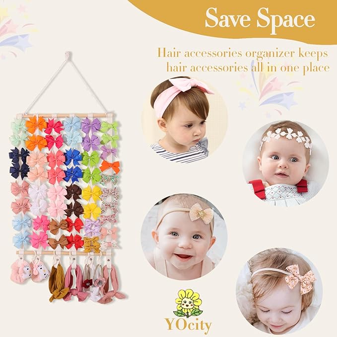 YOcity Bow Holder for Girls Hair Bows Baby Headband Holder Storage Hair Accessories Organizer Display for Nursery Room Wall Hanging Decor (White)