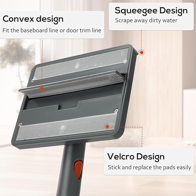 Base Board Cleaner Tool with Handle,360°Rotating Wall Cleaner Mop,180° Folding Ceiling Tool Duster with Squeegee for Cleaning Wall, Ceiling, Window,Floor,8 Replacement Cleaning Pads