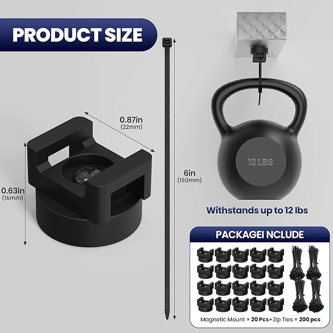 20Pcs Heavy Duty Magnetic Zip Tie Mount Kit with 200Pcs Cable Ties - Strong Magnetic Cable Zip Tie Holder for Automotive, Home & Office Cable Management | Rubber-Coated Base, 22mm Diameter