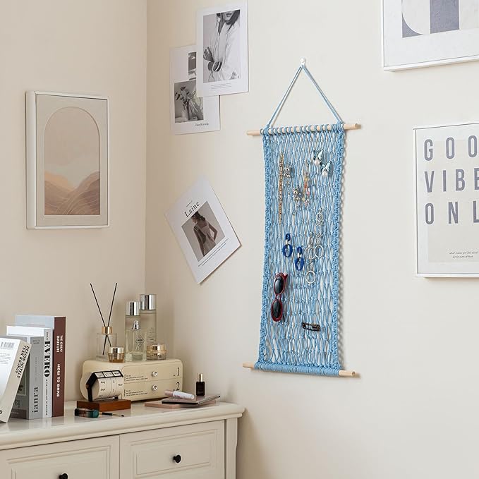 Pretty Jolly Hanging Jewelry Mesh Organizer Macrame Wall Mounted Necklaces Storage Earring Display Rack Girls Hair Clips Hanger with 20 Pieces S Shape Hooks for Bracelets,Necklace and Rings(Blue)