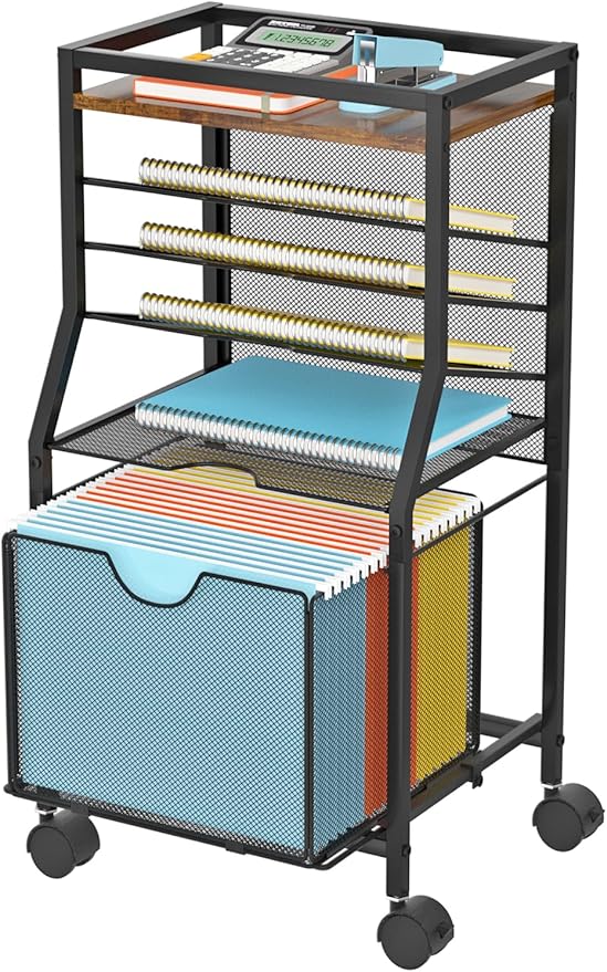 Rolling File Cart, 6-Tier Desk File Organizer on Lockable Wheels, Brown Wood Planks & Mesh Sliding Hanging Folder Drawer, Organization Cart for Office Home School