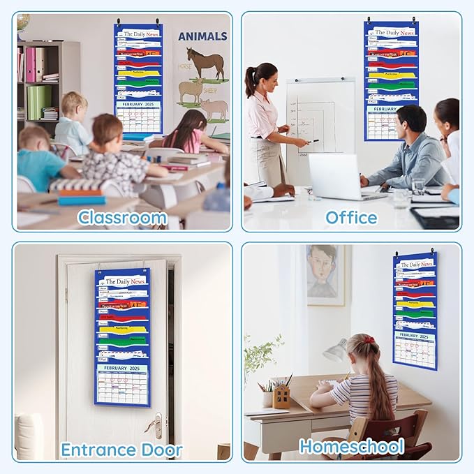 15" Extra Wide Hanging File Organizer with 8 Pockets - Heavy Duty Classroom Pocket Chart, Wall Mounted Document Organizer with Writable Clear Pocket, 5 Wall/ Door Hooks & 12 Labels (Blue)