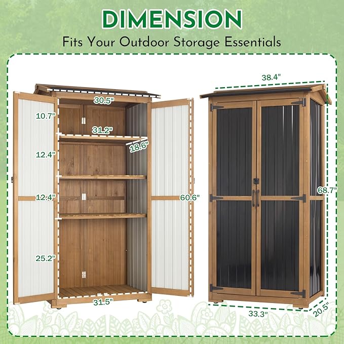 Outdoor Storage Cabinet, Wood & Metal Garden Cabinet with 3 Adjustable Shelf, Weather-Resistant Roof, Lockable Doors & Adjustable Feet for Patio, Garden, Farm (33" L x 21" W x 69" H)