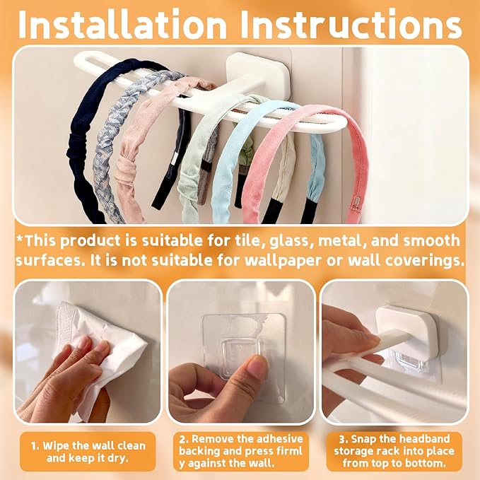 Headband Organizer Holder-Wall Mounted Hair Accessories Storage with Anti-Slip Strips Curved Design 10.6x3.26 inch Girls Baby Scrunchies hairband storage for Wall, Bathroom, Bedroom