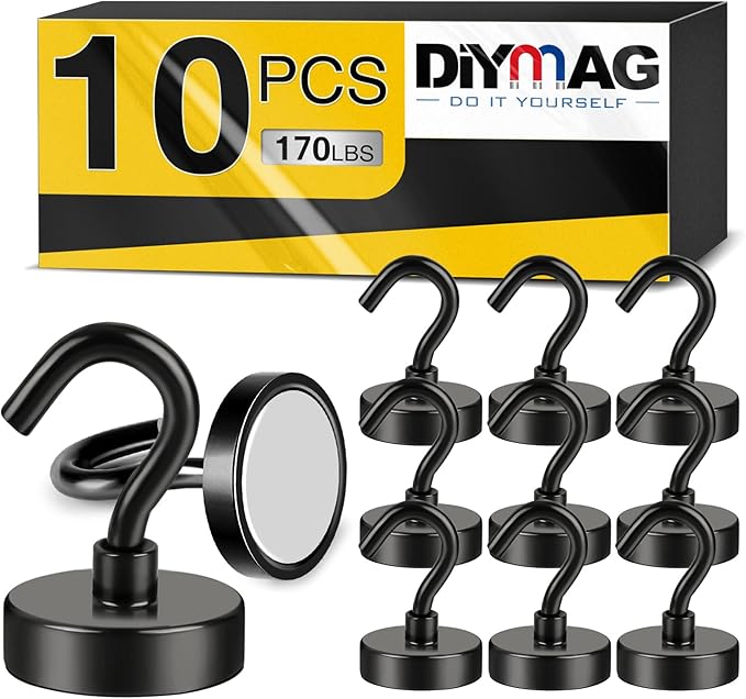 DIYMAG Magnetic Garage Hooks 10 Pack, 170lbs 2026 Cruise Cabin Ship Essentials Hook Heavy Duty Strong Magnets Fridge for Classroom Wall Mount Kitchen Grills Black