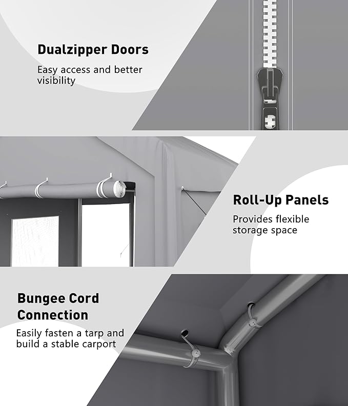 Carport, 20x10x11FT Mobile Garage with PE Tarp, Heavy-Duty Car Shelter Tent, Vehicle Canopy with Front & Rear Zippered Doors and 2 Roll-Up Side Openings, 160g, Gray