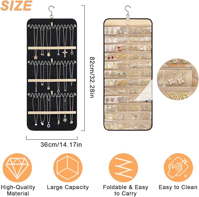 Longzhuo Jewelry Organizer, 2 Sided Necklace Holder, with 360 Degree Rotating Hook, Jewelry Holder for Travel, Earrings, Necklaces, Rings on Closet, Wall, Door, Black (14.17 x 32.28 inches)