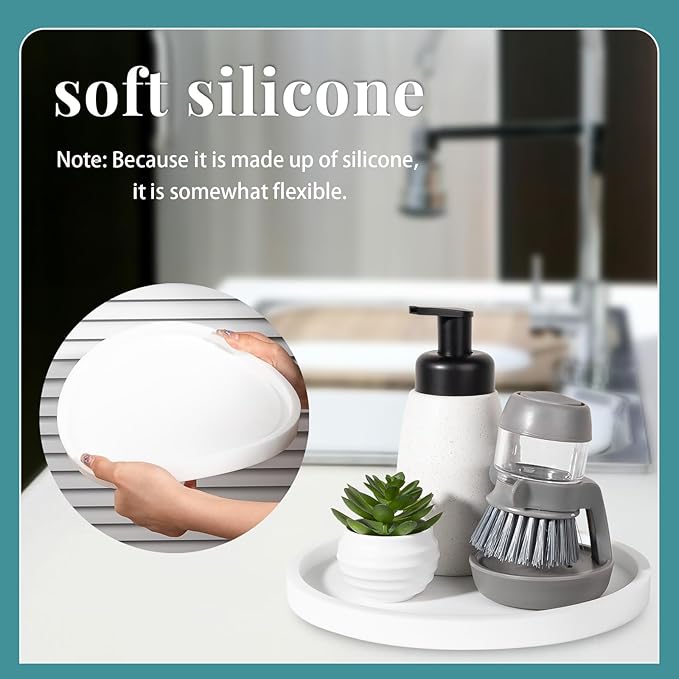 Silicone Bathroom Tray Round Vanity Tray Decorative Soap Holder Kitchen Countertop Organizer Coffee Table Decor for Candle, Perfume, Plant, 12 Inch, White