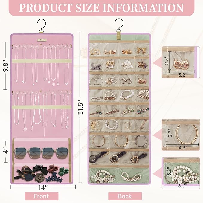 GMAK Hanging Jewelry Organizer with Hanger Metal Hooks, Double-Sided Jewelry Holder Accessories Organizer Storage Roll for Jewelry, Earrings, Bracelets, Necklaces, Rings - Pink