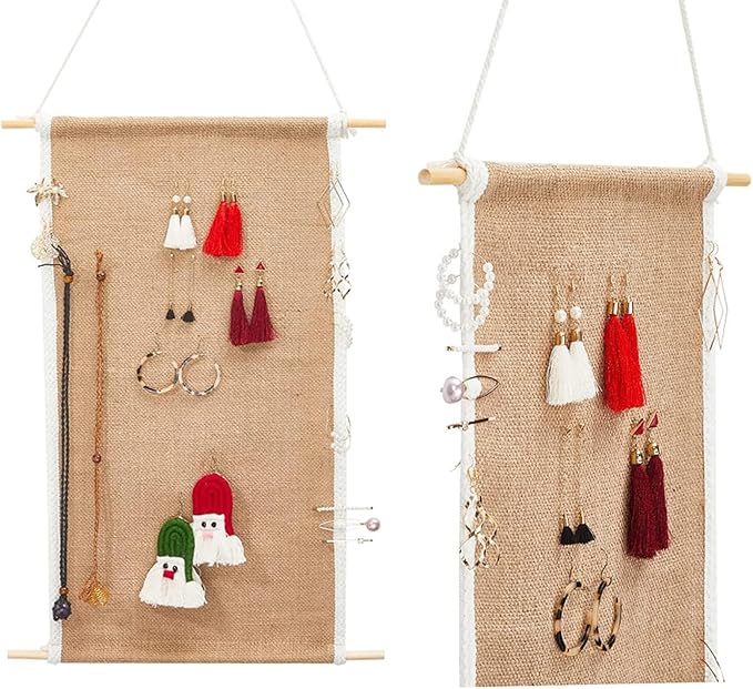 Earring Organizer Wall Monut, Display Hanging Jewelry Organizer for Studs Dangle Earrings and Necklaces Holder Rack for Women Girl Gift (flax)