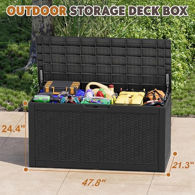 Oudoor Storage Deck Boxes Waterproof, Waterproof and UV Resistant Outdoor Storage Box Lockable Lid for Delivery Box, Indoor, Garden Tools, Pool Supplies, Patio (Black, 110 Gallon)